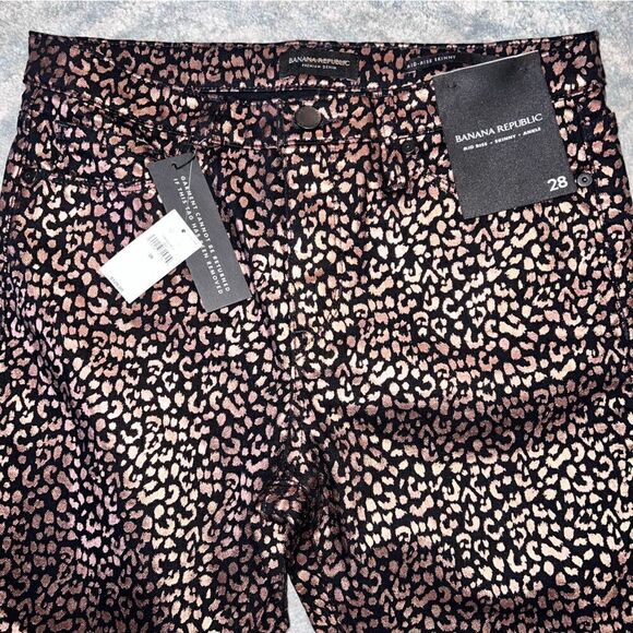 Banana Republic Mid Rise Ankle Rose Gold Metallic Leopard Print Jeans- NWT- sz6 - Picture 8 of 11